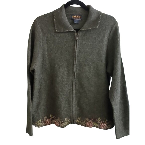 Woolrich Sweater Embroidered Pinecone‎ Olive Green Full Zip 100% Wool Sz Medium - Picture 1 of 7